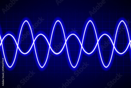 Abstract neon blue cosine curve pattern on dark oscilloscope digital screen. Electric ac waves oscillating. Digital equalizer. Scientific experiment. Seamless vector graphic