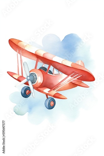 watercolor cute red vintage airplane. Vector Illustration. White background. Nursery art. Wall art. Generative AI