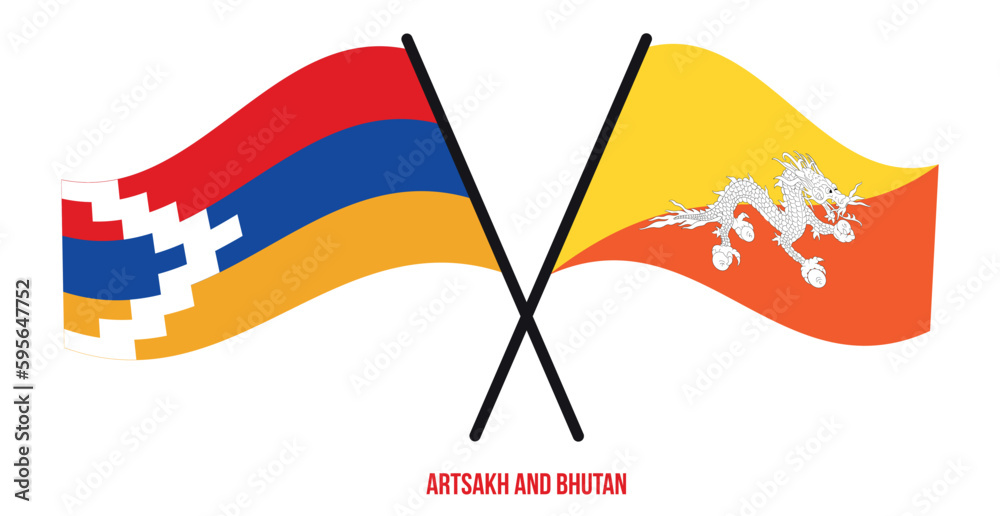 Artsakh and Bhutan Flags Crossed And Waving Flat Style. Official Proportion. Correct Colors.