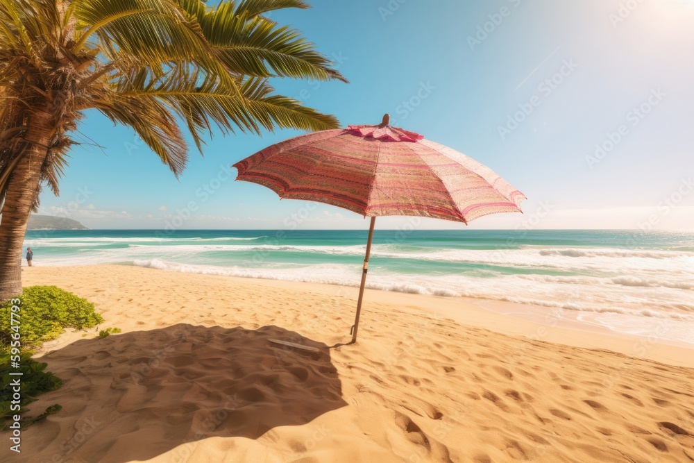 Sandy sunny beach with pink umbrella