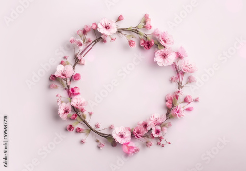Different small flowers in a wreath on pink background with copy space. Abstract natural floral frame layout with text space. Romantic feminine flatlay. Wedding, International Women day, Mother Day