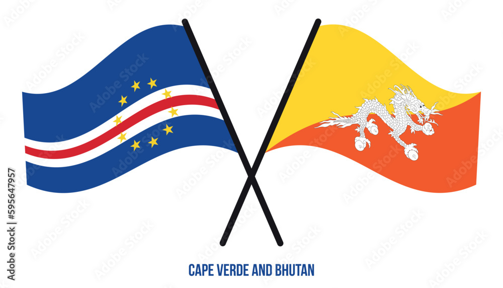 Cape Verde and Bhutan Flags Crossed And Waving Flat Style. Official Proportion. Correct Colors.