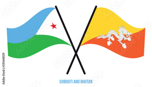 Djibouti and Bhutan Flags Crossed And Waving Flat Style. Official Proportion. Correct Colors.