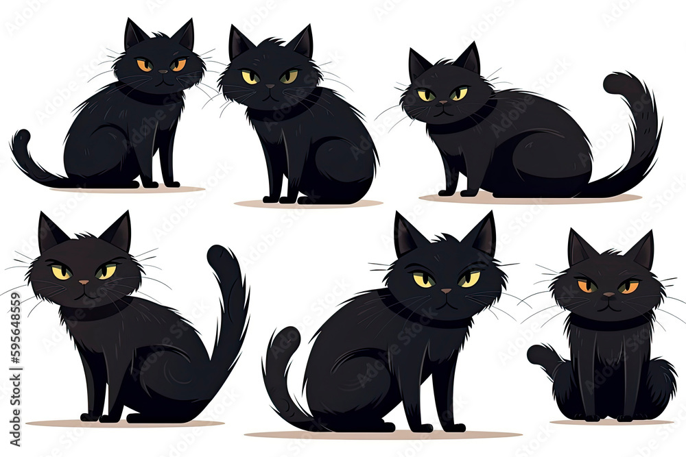 Funny black cat character in different poses isolated on a white background Funny black cat character in different poses isolated on a white background