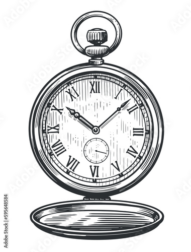 Mechanical classic pocket watch. Antique old clock. Vintage sketch vector illustration