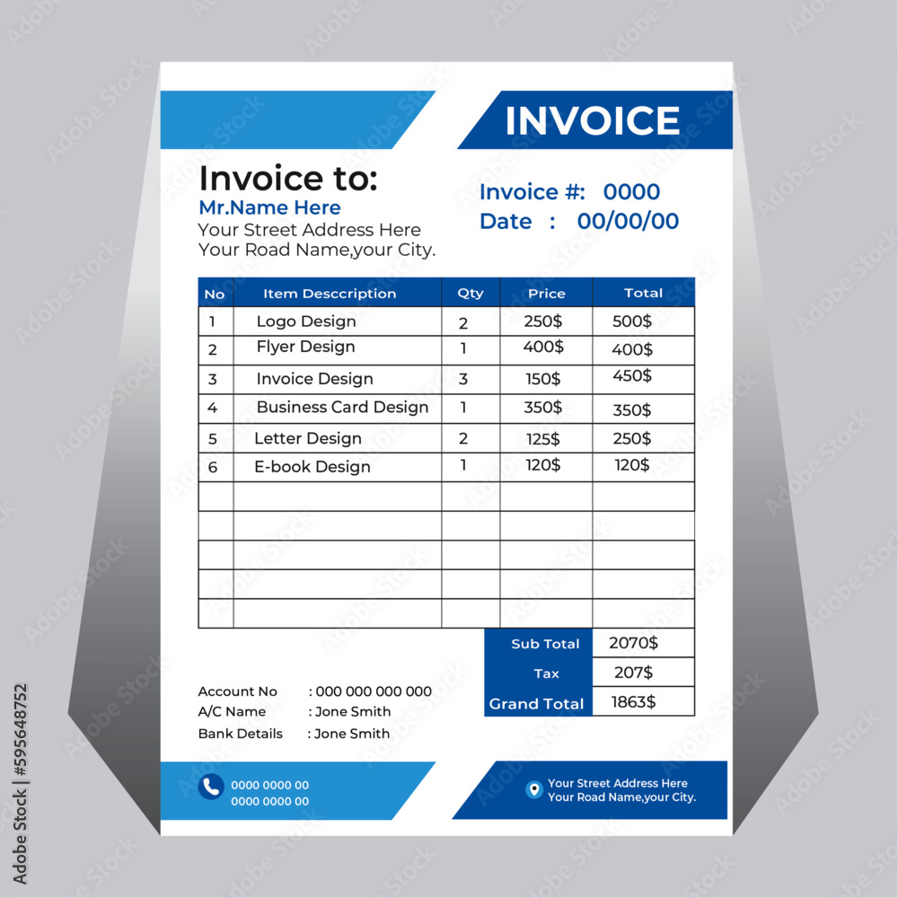 Business invoice form template invoicing quotes money bills or price