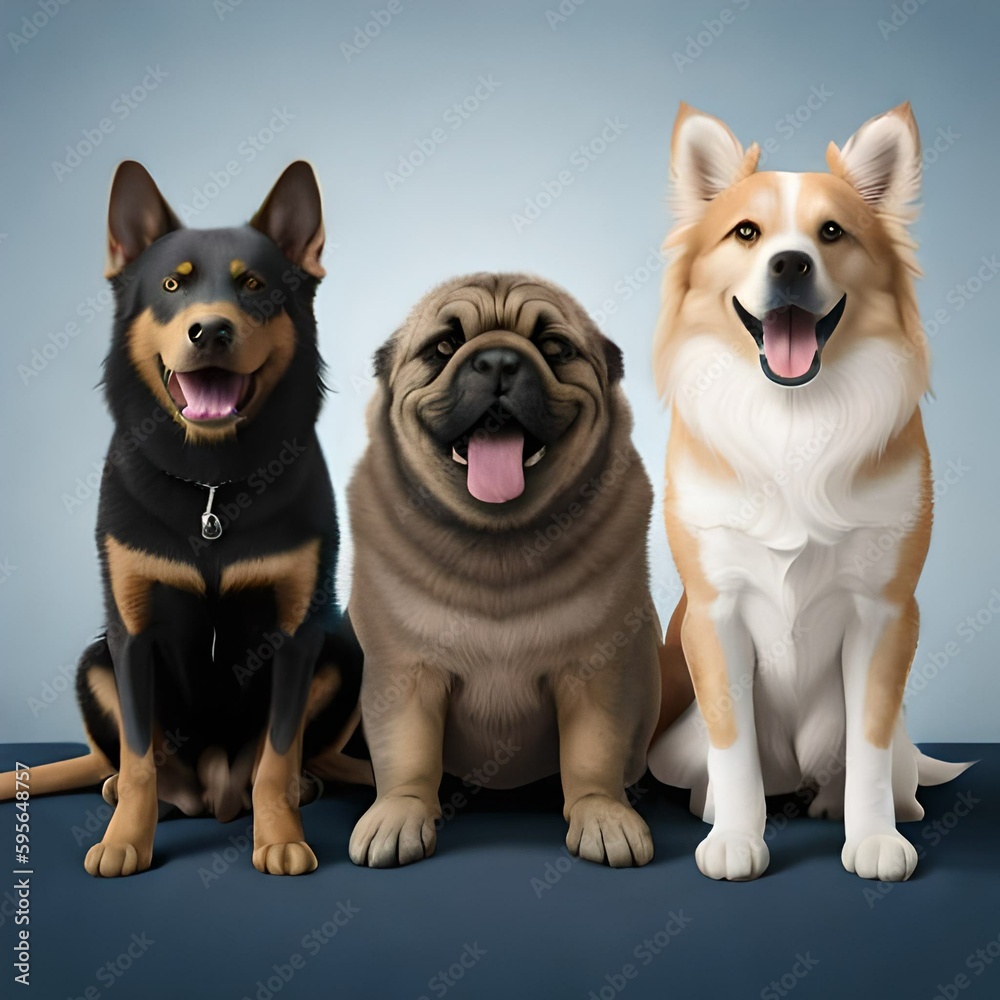 Various breeds of dogs pose on white backdrop, happy expressions, creating a delightful image for all dog lovers to enjoy.