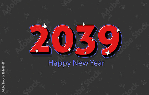Happy New Year 2039 Numbers Written In a Red Bold Font On Floral Background.