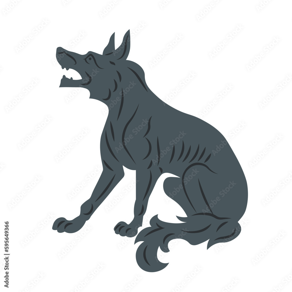 Sitting heraldic wolf dog with lying tail. Symbol, sign, icon, silhouette, tattoo. Line and Fill. Isolated vector illustration.