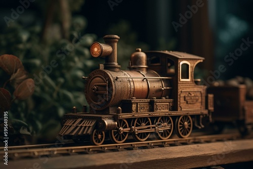 Small locomotive made of wood. Generative AI