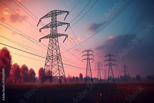 High voltage transmission towers with red glowing wires against blue sky - Energy concept