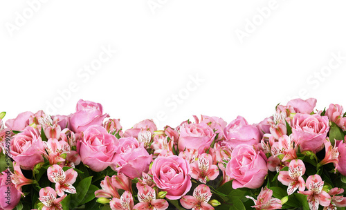 Fototapeta Naklejka Na Ścianę i Meble -  Border with pink roses and alstroemeria flowers isolated on white or transparent background
