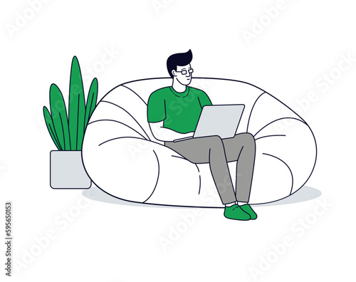 A man sits on a bean bag chair doing office work from home with laptop flat line art design.