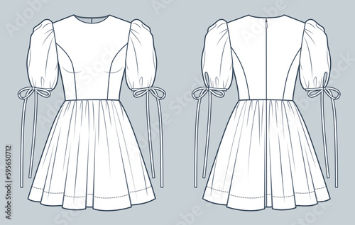 Puff Sleeve Dress technical fashion illustration. Mini Dress fashion flat technical drawing template, round neck, zip-up, tie sleeves, front and back view, white color, women CAD mockup.
