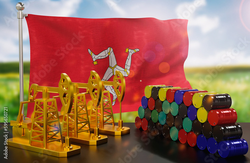 The Isle of Man's petroleum market. Oil pump made of gold and barrels of metal. The concept of oil production, storage and value. Isle of Man flag in background.  3d Rendering. photo