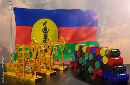 The New Caledonia's petroleum market. Oil pump made of gold and barrels of metal. The concept of oil production, storage and value. New Caledonia flag in background. 3d Rendering.