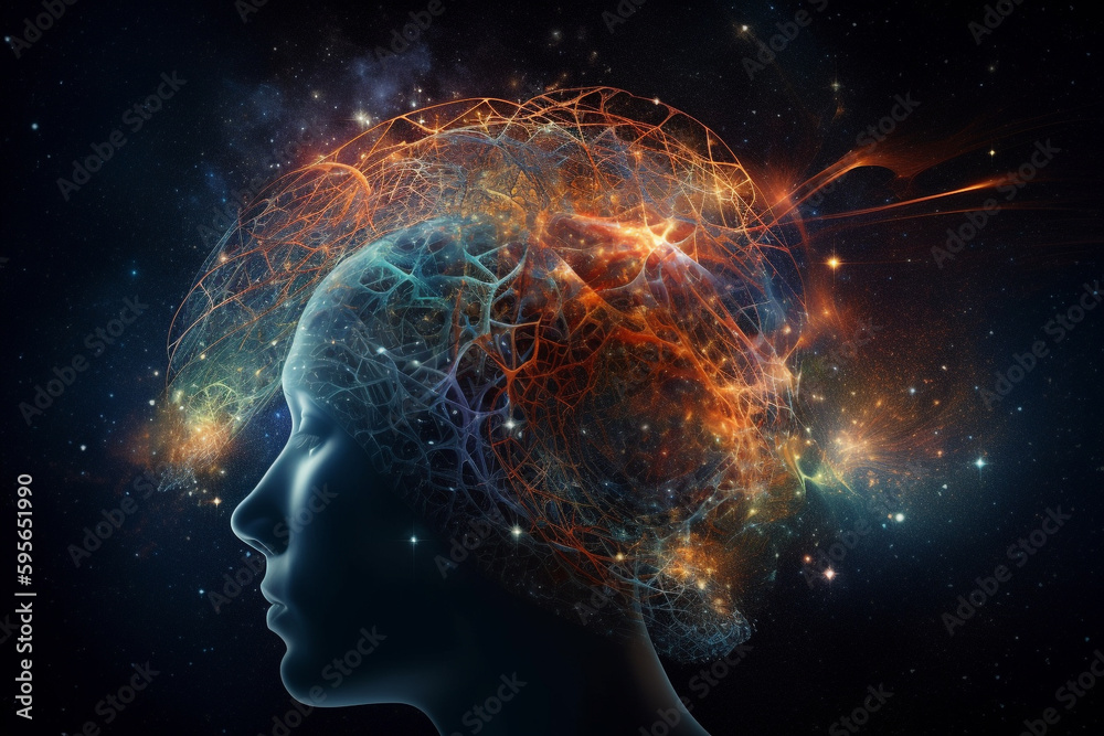 State of mind concept. Consciousness is a fundamental and ubiquitous aspect of the universe. Woman portrait dark silhouette and consciousness represents colorful universe and space. Generative AI State of mind concept. Consciousness is a fundamental and ubiquitous aspect of the universe. Woman portrait dark silhouette and consciousness represents colorful universe and space. Generative AI