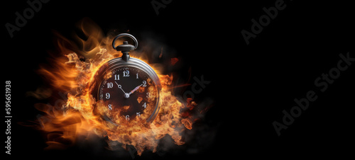A burning alarm clock on a dark background with fiery particles, symbolizing the pressure of approaching deadlines and the passing of time. Is AI Generative.