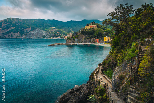 Monterosso al Mare and hiking trail on the slope, Italy