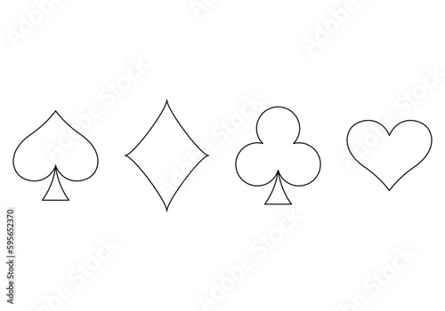 Playing card suit outline symbol set - four shapes of Hearts, Spades, Clubs and Diamonds symbols, vector illustration