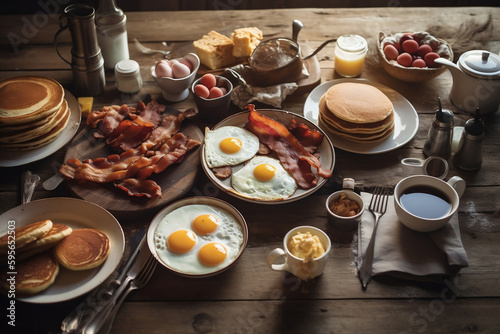 A classic American breakfast spread on a rustic wooden table, with pancakes, bacon, eggs, and toast