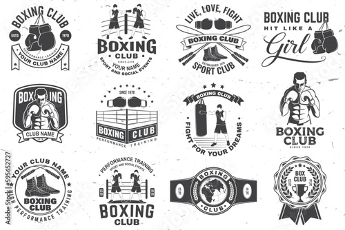 Set of Boxing club badge, logo design. Vector illustration. For Boxing sport club emblem, sign, patch, shirt, template. Vintage monochrome label, sticker with Boxer, gloves, boxing jump rope and shoes