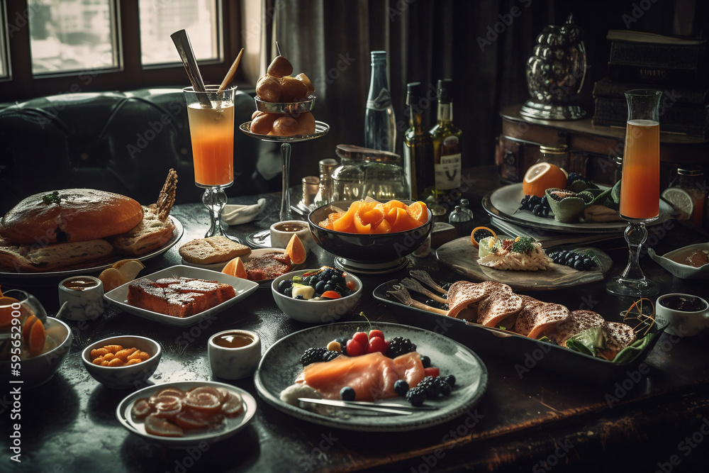 A luxurious brunch spread featuring smoked salmon, caviar, champagne, and pastries