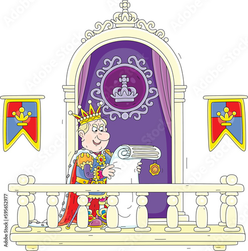 Funny angry king in a golden crown standing on a balcony of a palace and proclaiming his important royal decree for people of a fairy kingdom, vector cartoon illustration isolated on white