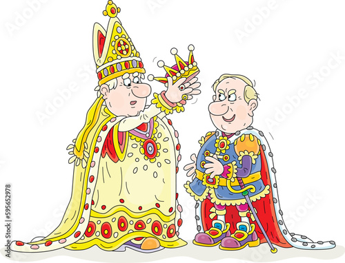 Priest holding a golden royal crown and proclaiming a funny angry king as ruler of a fairytale kingdom at a coronation in a palace, vector cartoon illustration isolated on white