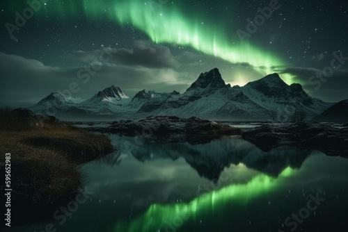 Northern lights above nighttime landscape and reflected in water. Generative AI