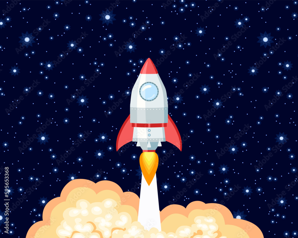 Space rocket launch into starry sky. Spaceship start off. Vector cartoon illustration of shuttle on dark background.