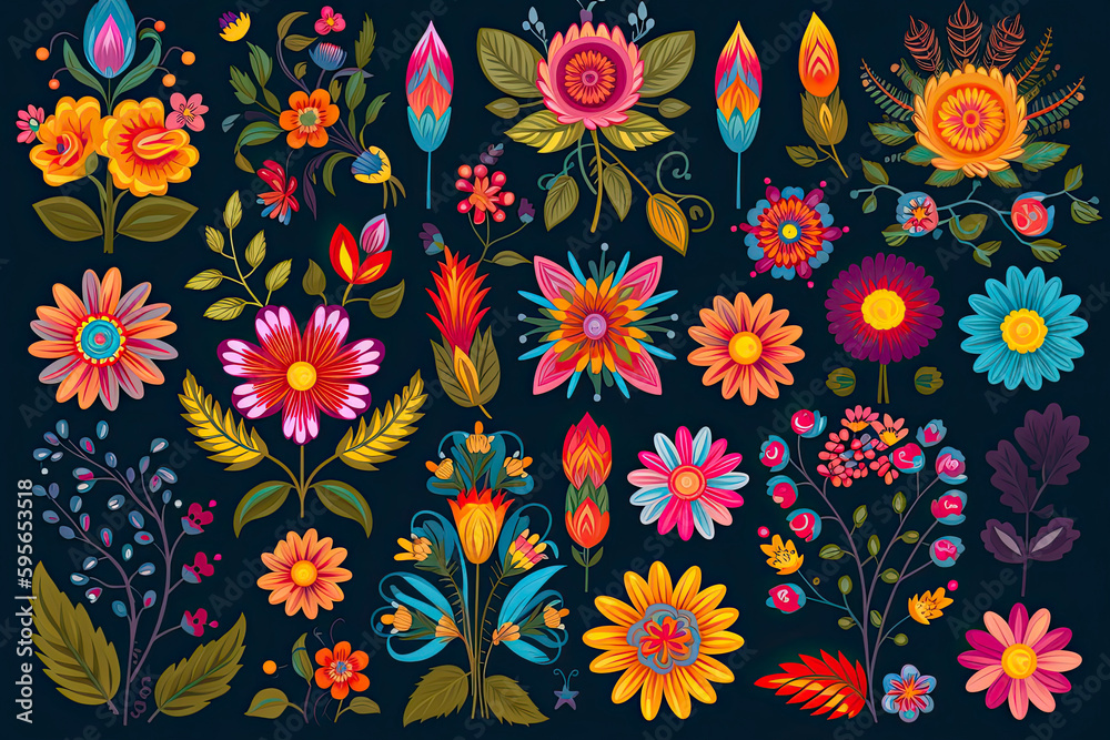 Mexican flowers and florals vector set of bright colorful blooming plants with Mexico ethnic or folk ornaments. Blossoms, flourishes and leaves of Mexican flowers, embroidery pattern or textile design - obrazy, fototapety, plakaty 