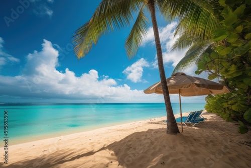 Beach with palm trees, umbrella and sun chairs