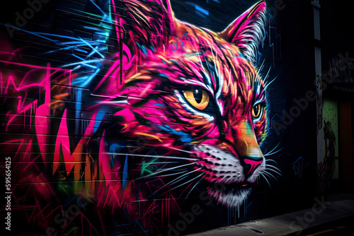 neon graffiti art, close-up, cyberpunk bobcat, futuristic and edgy