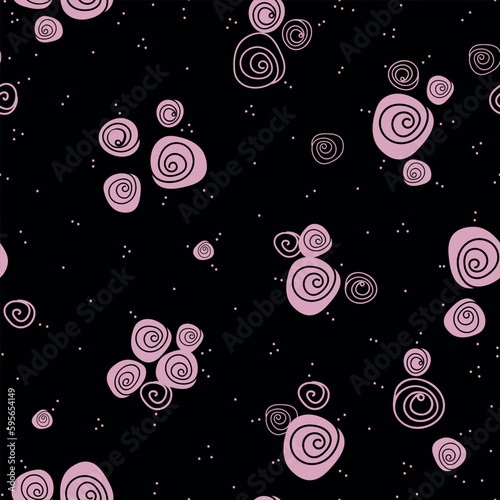 Blush pink roses and abstract dots on black background, hand drawn floral pattern