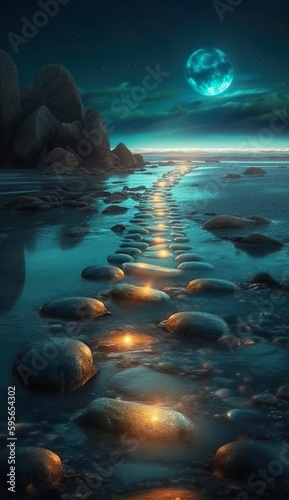 Night moon and lights glow in the sea