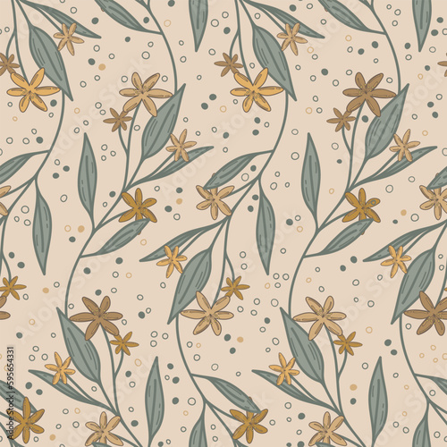 Mustard yellow wildflower swirl branches on neutral tan background