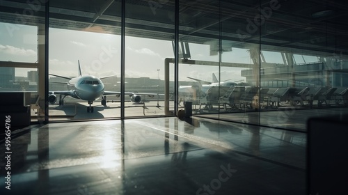 Obraz na płótnie Boarding area with glass window and planes. Al generated w salonie
