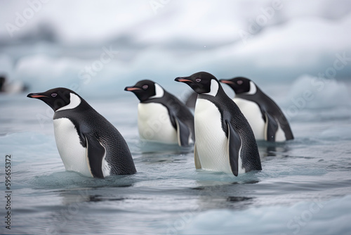 penguins floating on ice