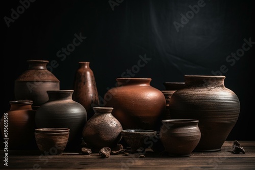 Various clay vessels on tables with brown and black backgrounds. Generative AI
