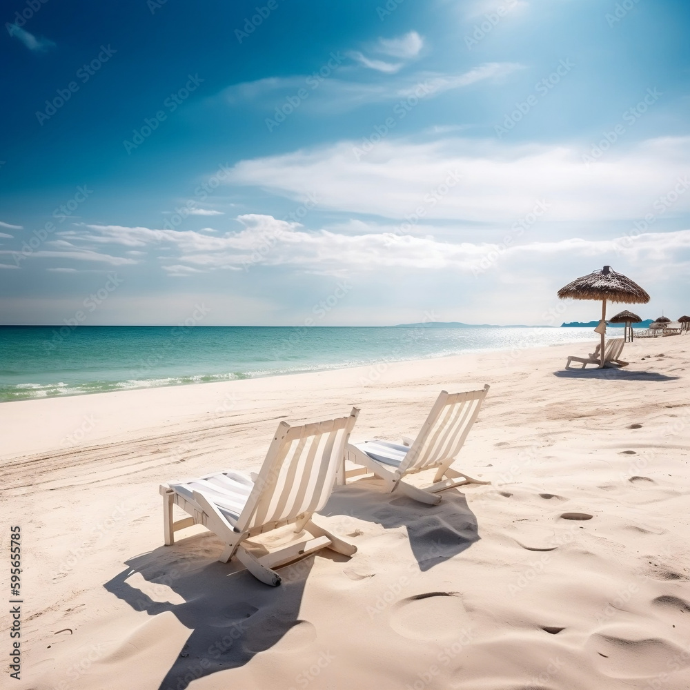 Beautiful beach banner. White sand, chairs and umbrella travel tourism wide panorama background concept. Amazing beach landscape. Generative AI.