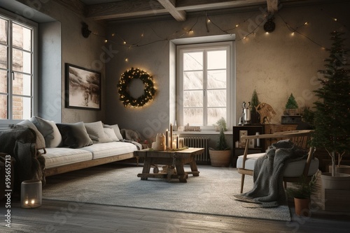 A farmhouse living room with a Christmas-themed mockup frame. 3D-rendered. Generative AI