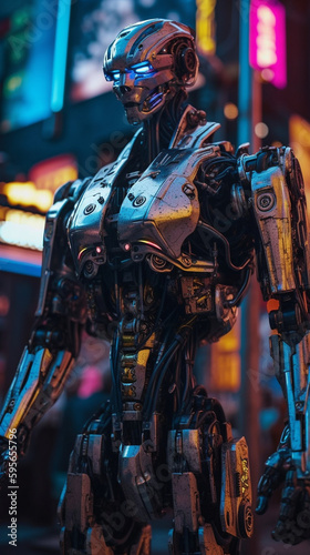 An imposing human like robot standing in the middle of a futuristic city, surrounded by neon lights