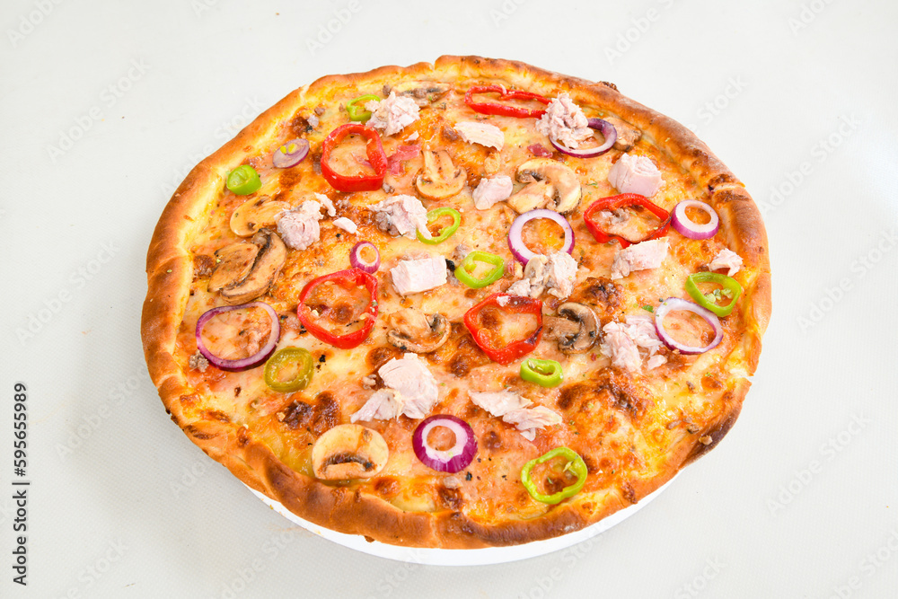 Delicious mixed pizza with rich content. Menu concept of choice and diversity. Karisik pizza Delicious mixed pizza with rich content. Menu concept of choice and diversity. Karisik pizza