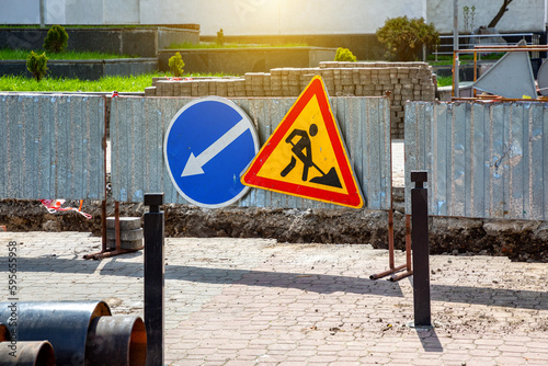 Принти на полотні Road signs! Road works with trucks and traffic signs