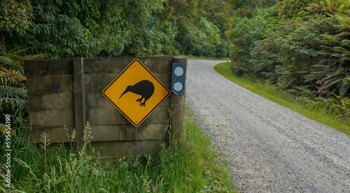 Kiwi Road Sign, Rakiura National Park, Stewart Island, New Zealand's third-largest island. Because there are few introduced predators, Kiwis thrive here photo
