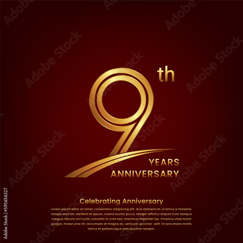 9th Anniversary logo with double line concept design, Golden number for anniversary celebration event. Logo Vector Template