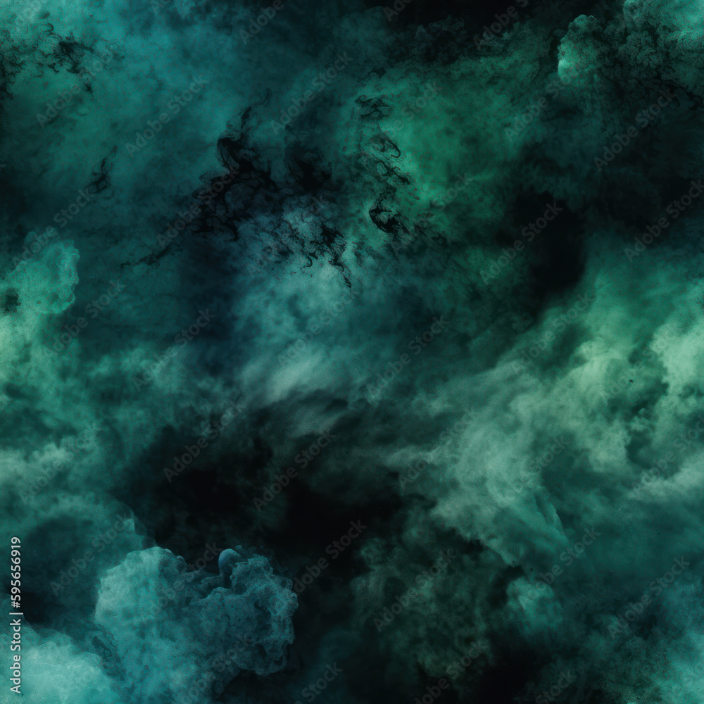 Abstract green blue clouds grunge dark smoke seamless texture, generative ai