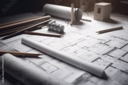 Architectural plans and blueprint rolls on an architect desk, generative ai