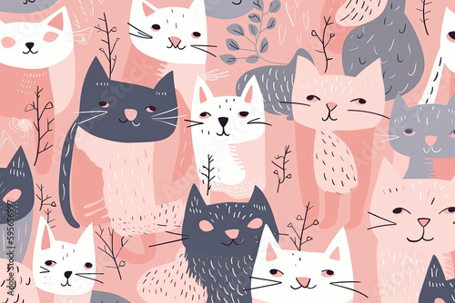 Seamless pattern with cute colorful Kittens. Creative childish pink texture